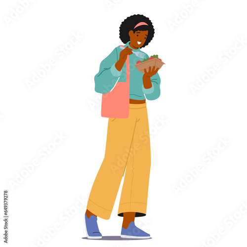 Woman Enjoys A Fresh Salad Outdoors, Savoring Each Bite of Delectable Street Food Dish Isolated on White Background