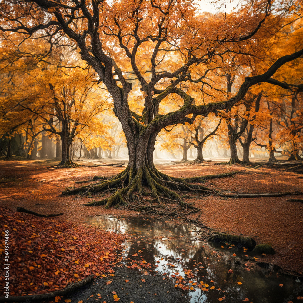 Beautiful autumn scenery, falling colorful leaves, orange golden hues 