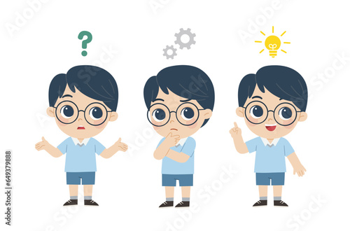 kid thinking and search for idea process. Boy posing question and inspiration.