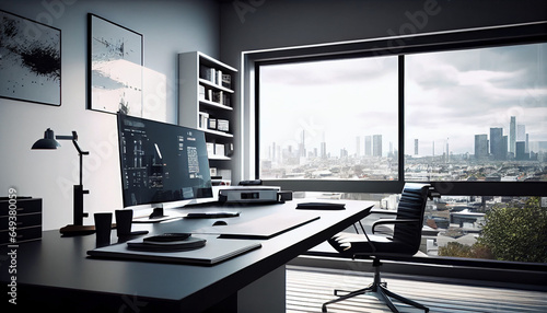Office workplace with panoramic city view and daylight, Ai generated image