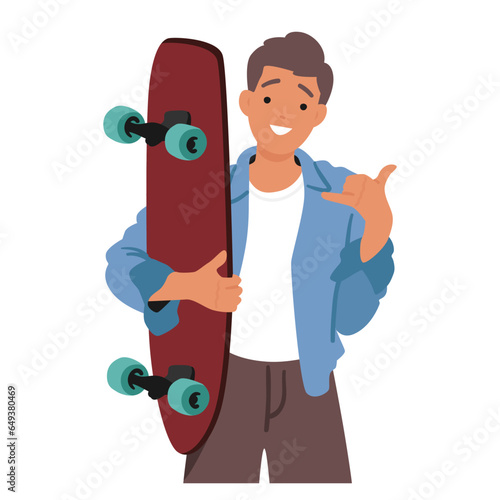 Teenage Boy With Skateboard In Hand, Flashes A Laid-back Hang Loose Gesture With His Thumb And Pinky Vector Illustration