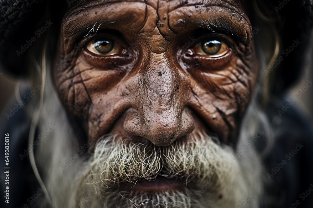 Generative AI close up portrait of old sad unhappy afro man looking straight into the camera