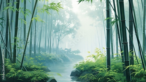  a painting of a stream running through a bamboo forest with tall trees.  generative ai © Oleg