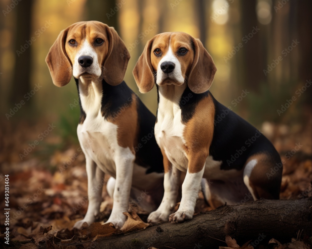 Two Beagle Hounds. Purebred Beagles, Adorable Hunting Dogs with foxhound ancestry. Ideal for pet lovers