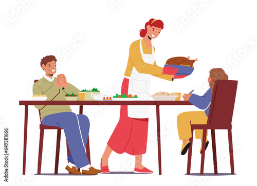 Loving Family Characters Gathers To Celebrate Thanksgiving Together. Cartoon People Vector Illustration