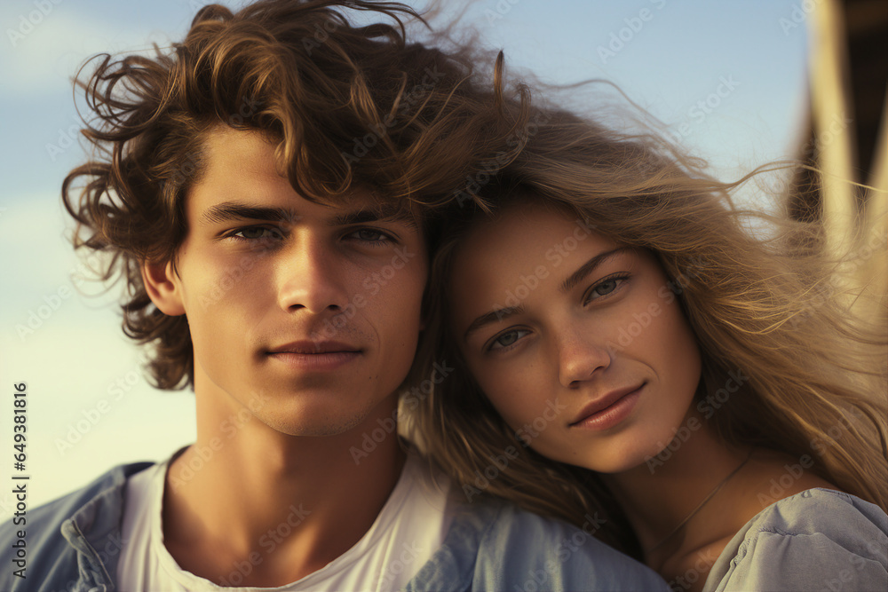 Young couple portrait two lovers spending time sunny country travelers Generative AI Young couple portrait two lovers spending time sunny country travelers Generative AI