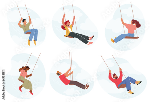 People Swing On Swings, Joyfully Soaring Through The Air, Laughing, And Creating Unforgettable Childhood Memories
