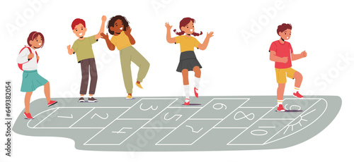 Children Characters Joyfully Hop, Skip, And Jump, Playing Hopscotch On Grid Drawn With Chalk. Laughter Fills The Air