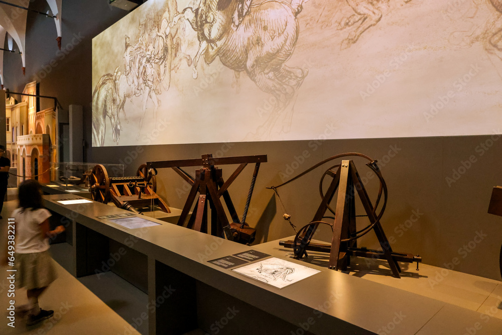 Italy Inventions Milan, Italy - July 14, 2023: Models of inventions by Leonardo DaVinci ...
