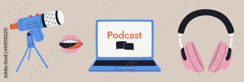Headphones, microphone, laptop, equalizer, speech bubbles. Podcast recording and listening, broadcasting, online radio.