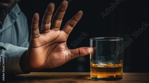 man refuses say no and avoid to drink an alcohol whiskey , stopping hand sign male, alcoholism treatment, alcohol addiction, quit booze, Stop Drinking Alcohol. Refuse Glass liquor, unhealthy, reject