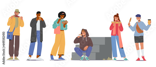 Male and Female Characters Savor Diverse Street Food, Relishing Flavors, And Aromas From Vendors Stalls, Vector