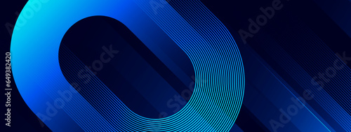 Abstract blue glowing geometric on dark background. Modern shiny blue diagonal lines. Futuristic technology concept. Suit for banner, brochure, business, cover, poster, presentation, website, flyer