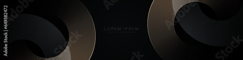 Black abstract background with geometric shape. Modern gold circle lines pattern. Luxury style. Horizontal banner template. Suit for cover, banner, brochure, corporate, poster, presentation, website
