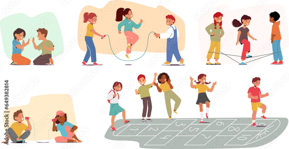 Fototapeta premium Children Characters Engage In Diverse Activities Such As Hopscotch, Gummitwist, Patty-cake, Rope Telephone