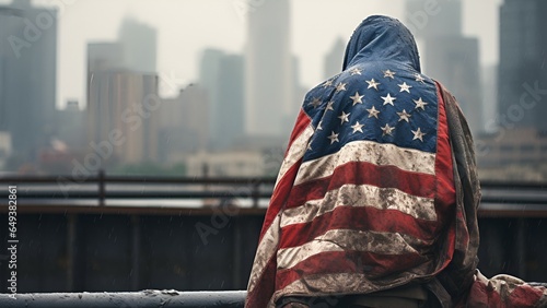 A homeless man sits on the sidewalk on a street in the USA, in the rain, wrapped in an American flag.