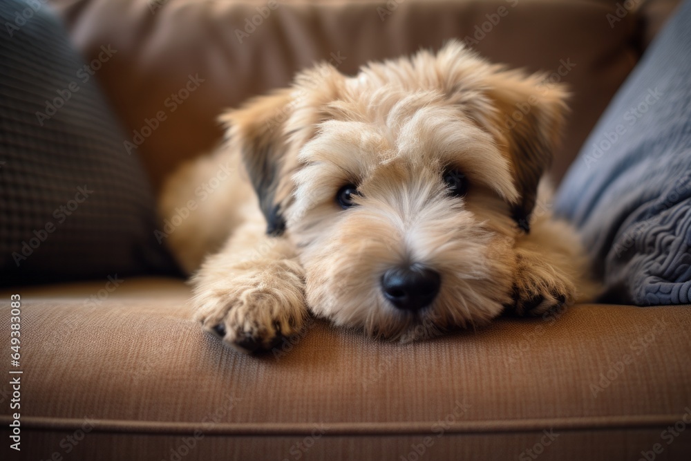 Adorable fluffy wheaten terrier dog relaxing on the couch Adorable fluffy wheaten terrier dog relaxing on the couch