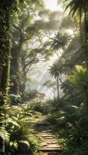 A serene view of a topical jungle with palm trees and a narrow stream - AI Generative