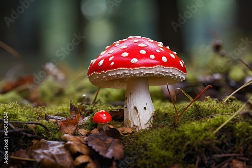 Red fly agaric mushroom in the forest, close-up