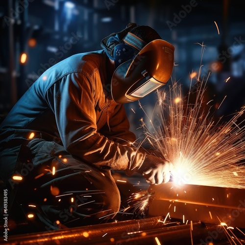 A masked welder welds parts © cherezoff