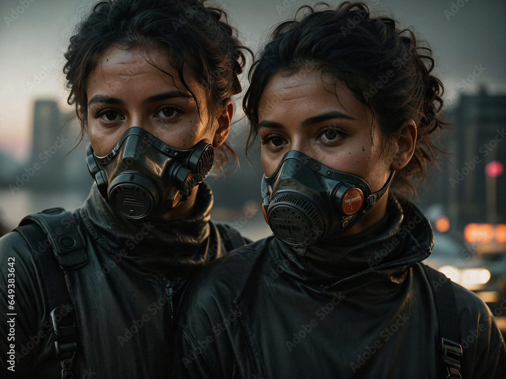 person in gas mask with dark city background, apocalypse person in gas mask with dark city background, apocalypse