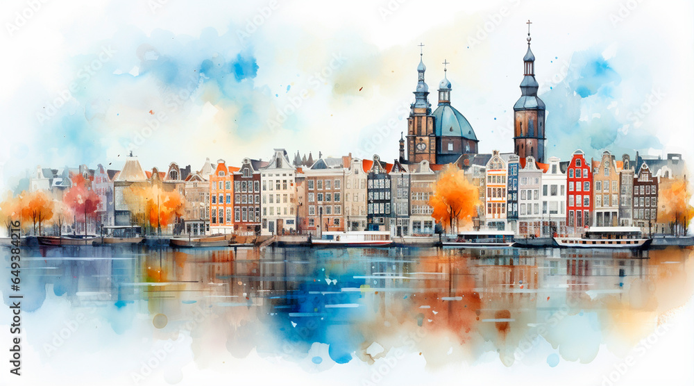 Watercolor cityscape of the city of Amsterdam, capital of the Netherlands (Europe), on the banks of the Amstel river - obrazy, fototapety, plakaty 