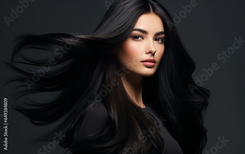 Woman long, straight brunette hair, shining with health, against a black background. Hairstyle, haircare concept