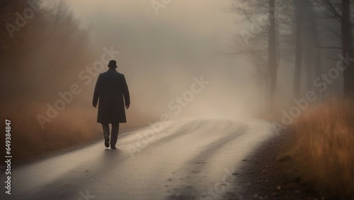 A person walk into the misty foggy road in a dramatic mystic scene with warm colors. Mysterious man 