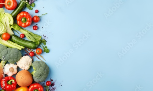 Top view vegetables on blue background. Vegetarian organic food banner.