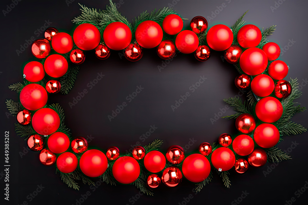 Christmas composition. Garland made of red balls and fir tree branches on black background. Christmas, winter, new year concept. Christmas composition. Garland made of red balls and fir tree branches on black background. Christmas, winter, new year concept.