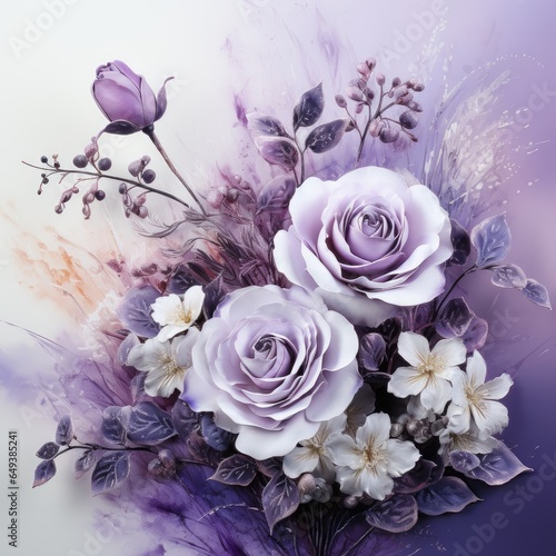 Beautiful purple and white watercolor with white roses on pale background 