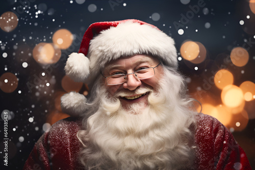 Portrait of attractive smiling white-haired Santa with blurred lights and bokeh in background © vladdeep