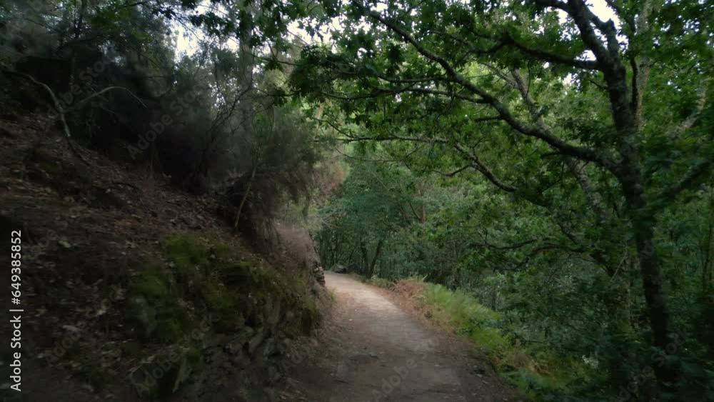Trails On The Mountain Hike Near Fervenza de Augacaída In Pantón, Lugo, Spain. Dolly Shot Trails On The Mountain Hike Near Fervenza de Augacaída In Pantón, Lugo, Spain. Dolly Shot