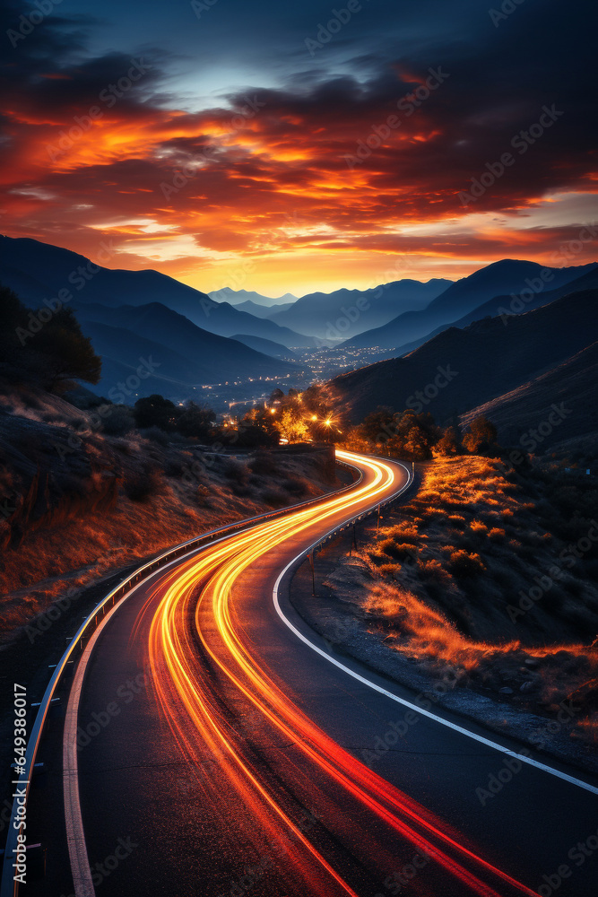 Road in the mountains at sunset, Car light trails on mountain road