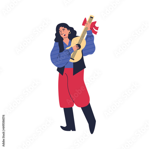Gypsy man playing guitar and singing, Romany performance flamenco folk, vector cartoon gypsies musician character