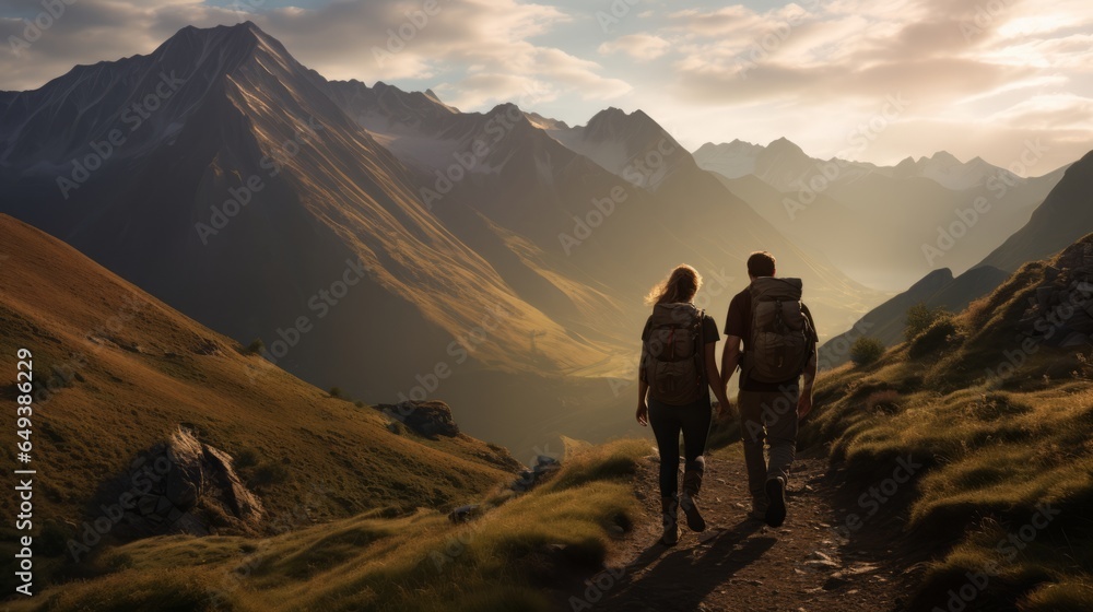 a candid photo of a romantic family couple hiking together in the mountains in the vacation trip week. walking in the beautiful european nature. fields and hills with grass at sunset. Generative AI