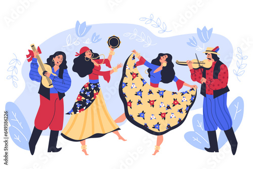 Gypsy women dancing in fluffy long dress and with tambourine, vector Romany men playing guitar, violin and singing