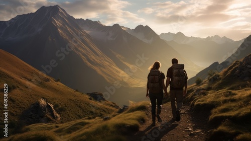 a candid photo of a romantic family couple hiking together in the mountains in the vacation trip week. walking in the beautiful european nature. fields and hills with grass at sunset. Generative AI © SayLi