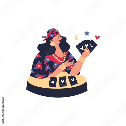 Gypsy woman fortune teller reading future with tarot cards, Gypsies ethnic traditions and culture, vector Romany woman