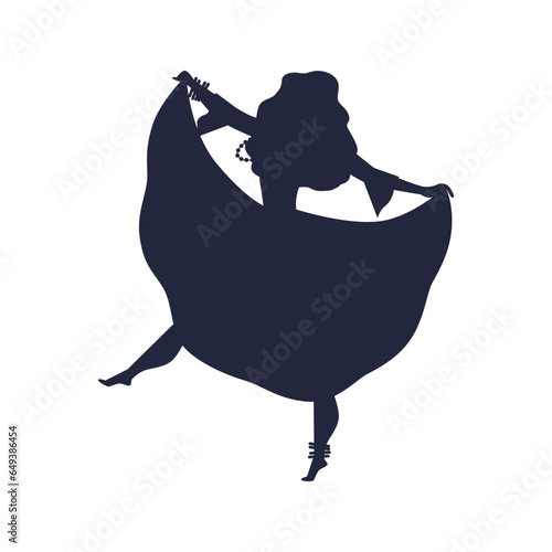 Roma gypsy girl dancing in a fluffy long dress silhouette, Romany performance flamenco folk vector woman black shape