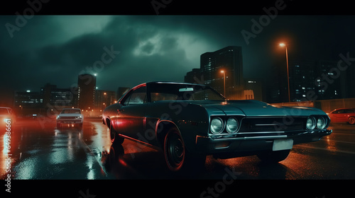 Vintage muscle car parked on the street at night. 80s styled synthwave retro scene with powerful drive in evening. photo