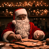 Santa Claus baking cookies with christmas lights in the background. AI generated.