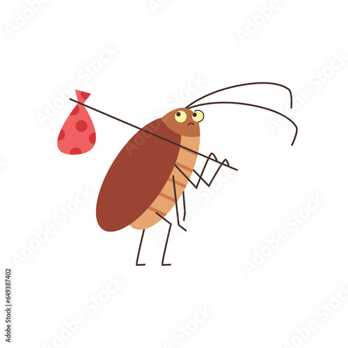 Cockroach insect with bag on stick stands and looks sadly, funny brown bug with antennae, vector cartoon pest parasite