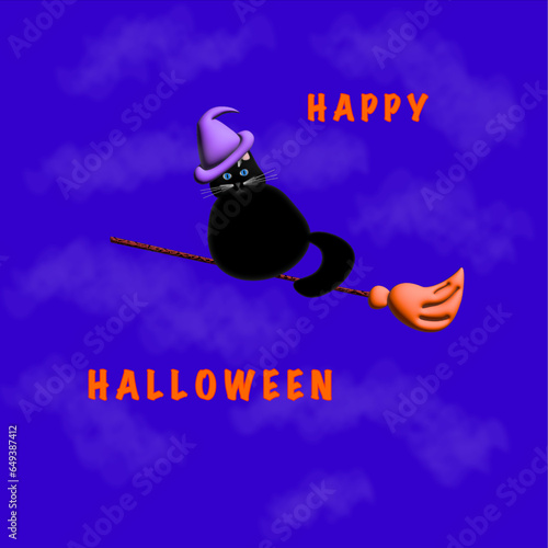 Happy Halloween. Black cat with violet hat on a broomstick