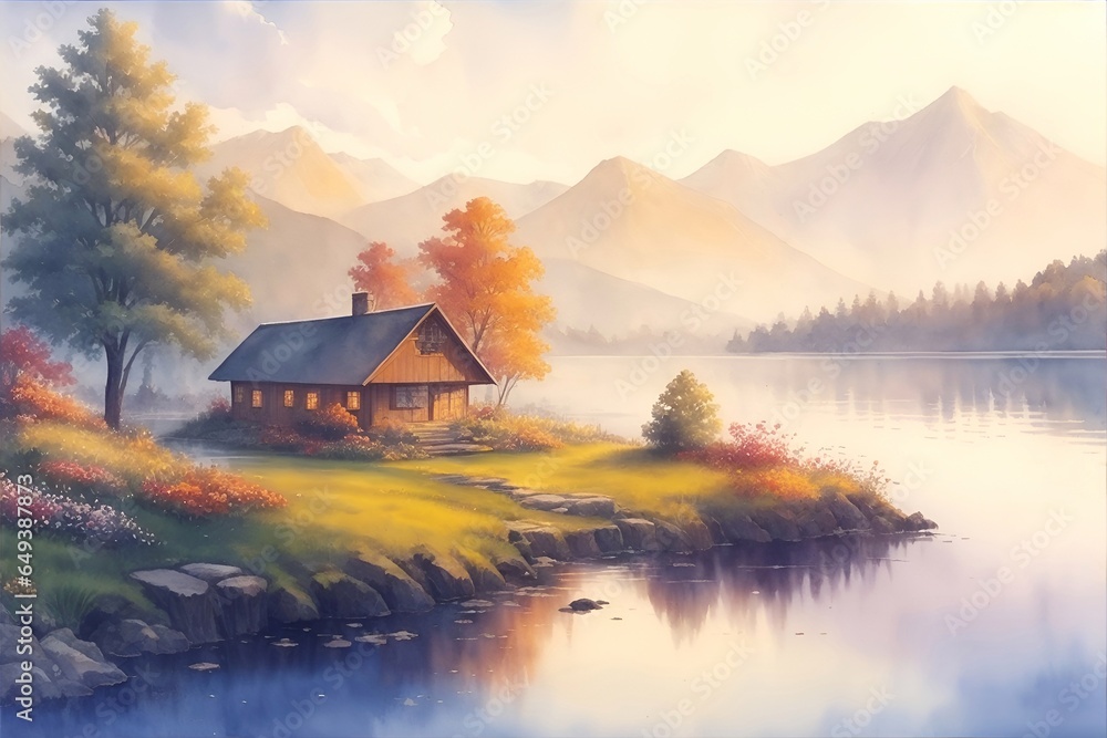 Highland lake. Fall landscape. Watercolor style. AI generated illustration