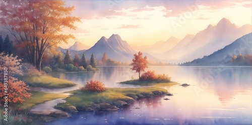 Highland lake. Fall landscape. Watercolor style. AI generated illustration © vector_master