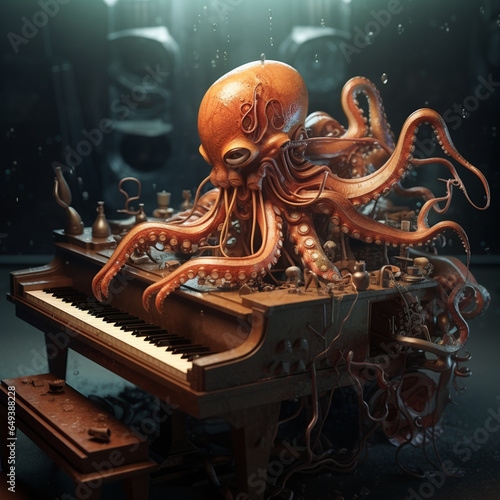 A steampunk octopus playing a grand piano underwater, with intricate clockwork details, rendered in 3D