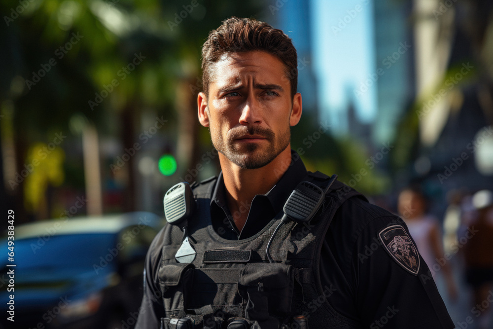 A Caucasian police officer patrols the streets of the city A Caucasian police officer patrols the streets of the city