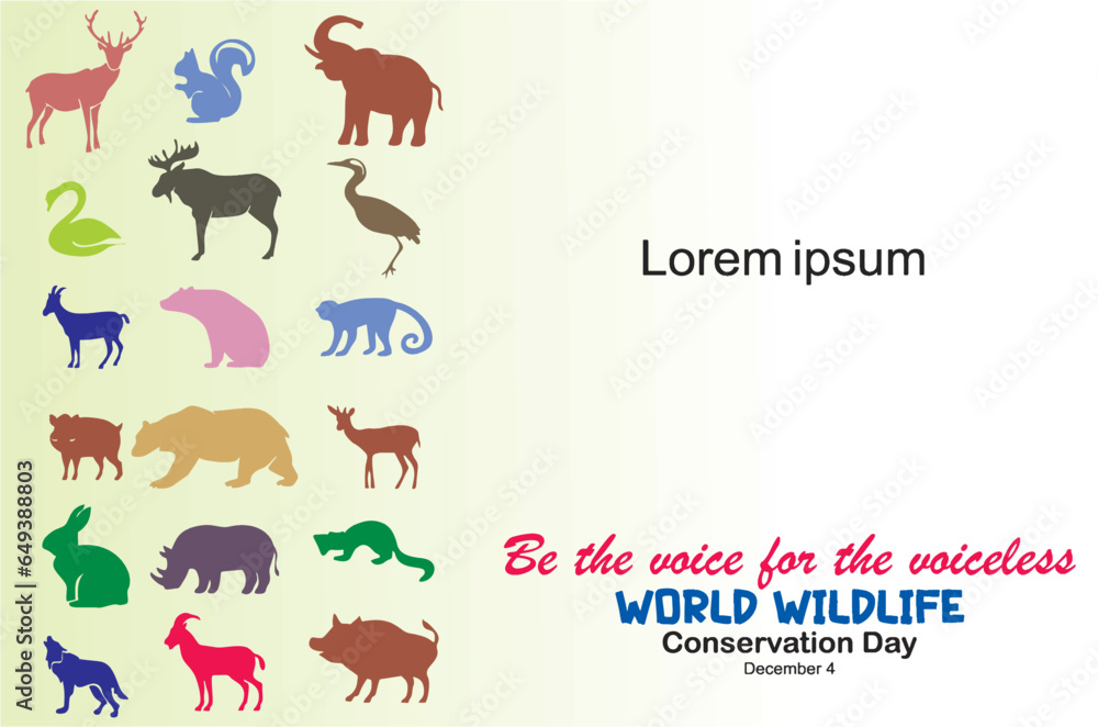 Be the voice of the voiceless. Vector illustration design concept of World Wildlife Conservation Day, December 4. Wildlife animal icons. eps 10.