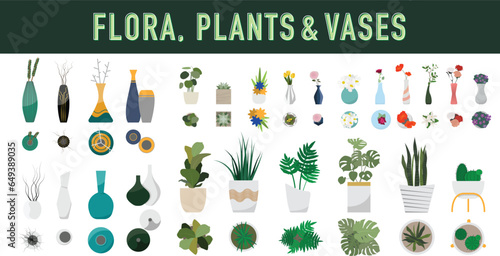 Flora, Plants and Vases set provided in both Plan and Elevation for Decorative and Architectural Plan usage.